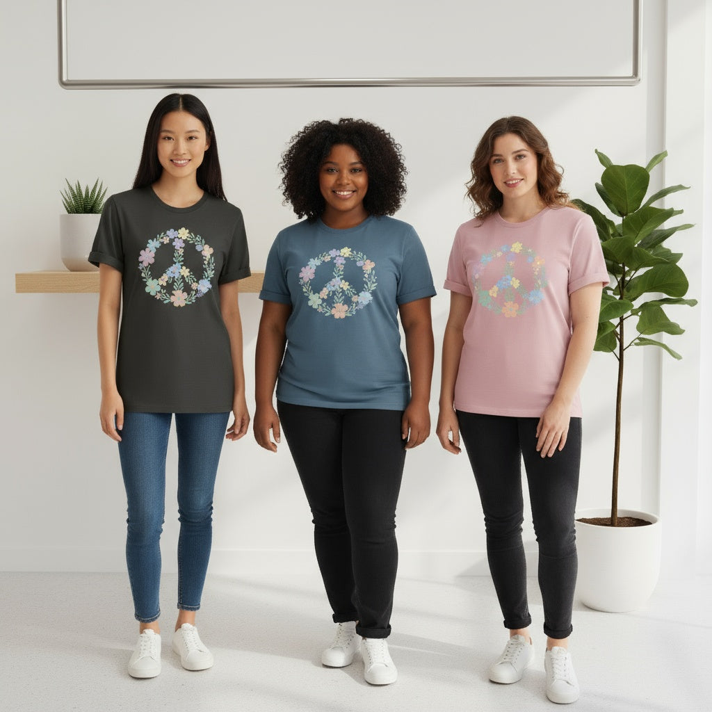Floral Peace Sign T-Shirt – Soft Pastel Design on Premium Cotton Tee