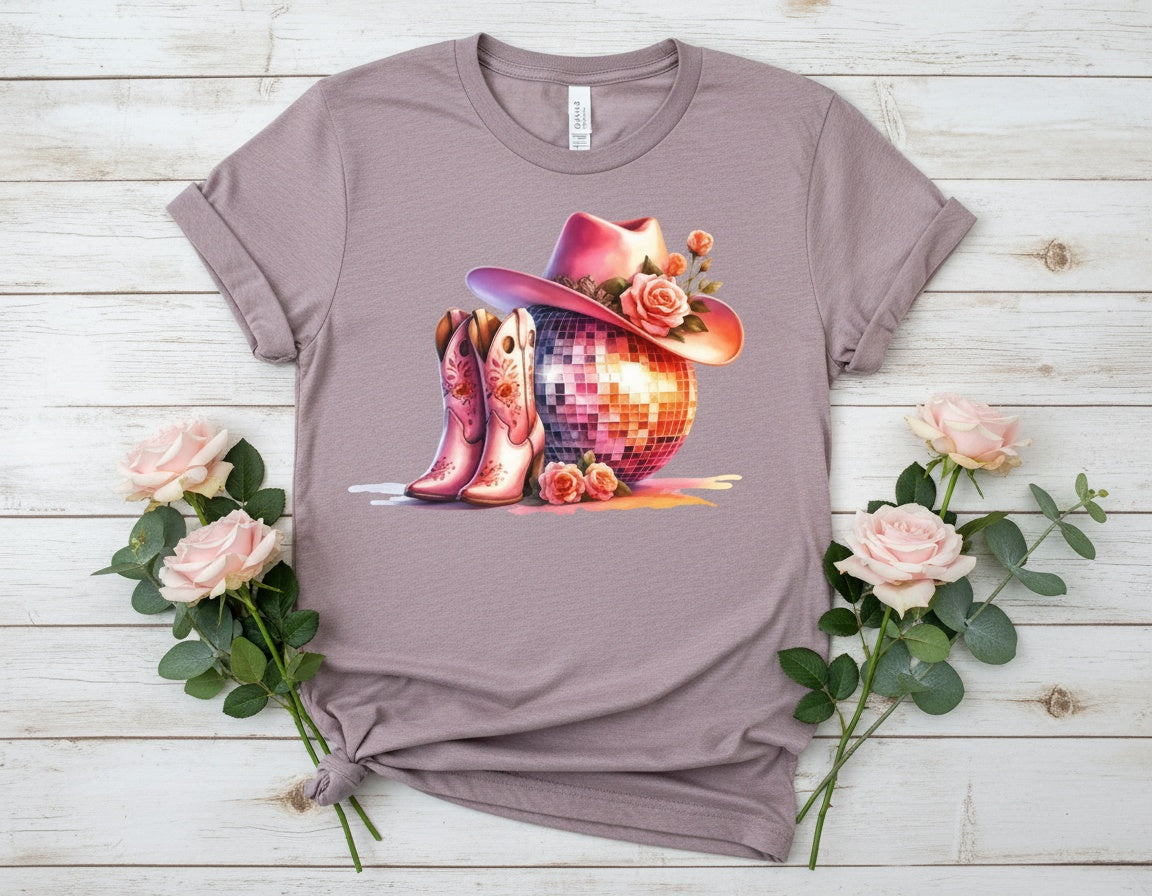 Pink Disco Cowgirl Boots & Hat Graphic Tee