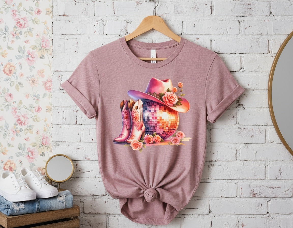 Pink Disco Cowgirl Boots & Hat Graphic Tee