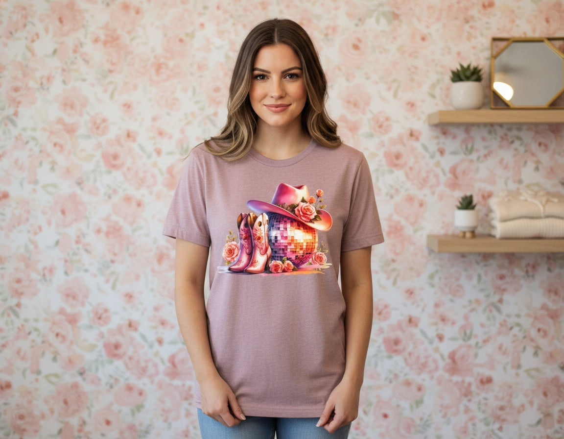 Pink Disco Cowgirl Boots & Hat Graphic Tee
