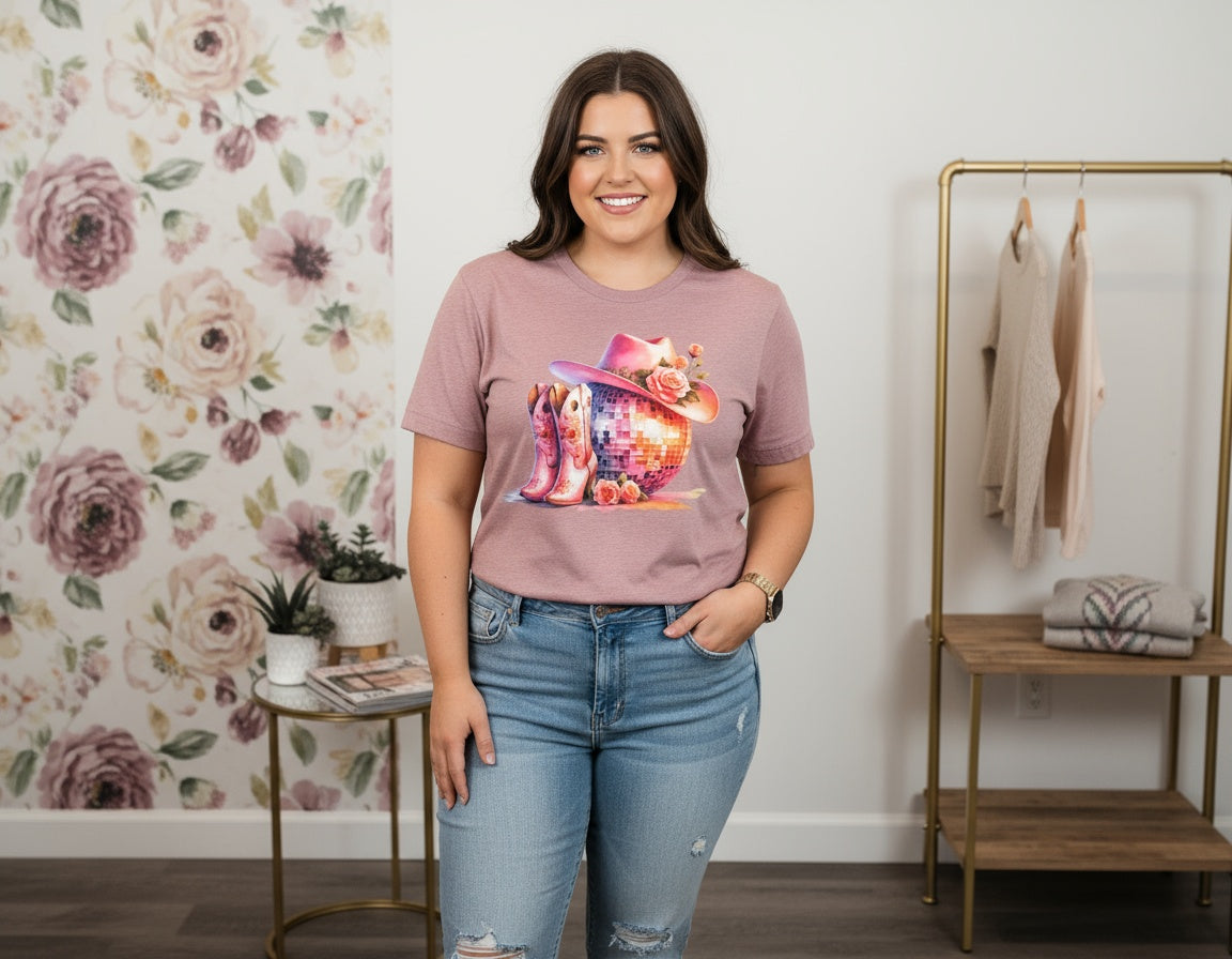 Pink Disco Cowgirl Boots & Hat Graphic Tee