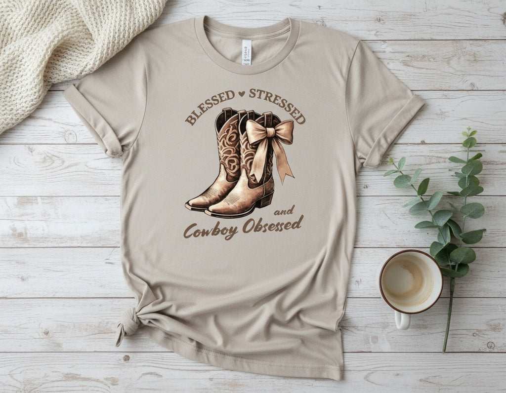 Blessed Stressed and Cowboy Obsessed Boots Graphic Tee