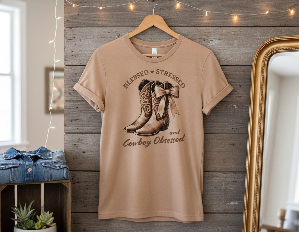 Blessed Stressed and Cowboy Obsessed Boots Graphic Tee