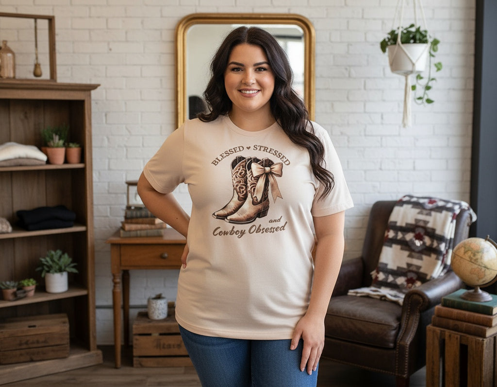 Blessed Stressed and Cowboy Obsessed Boots Graphic Tee