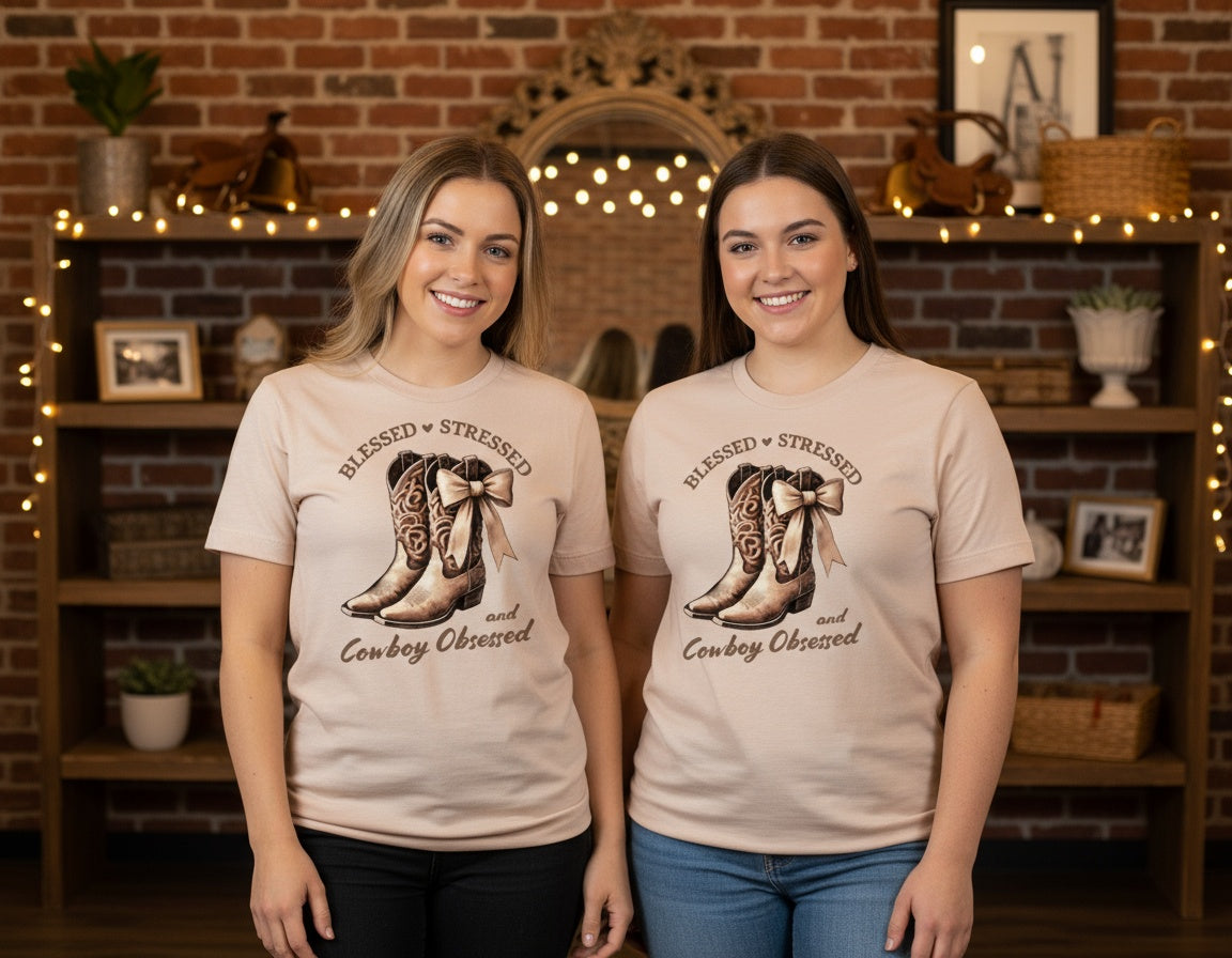 Blessed Stressed and Cowboy Obsessed Boots Graphic Tee