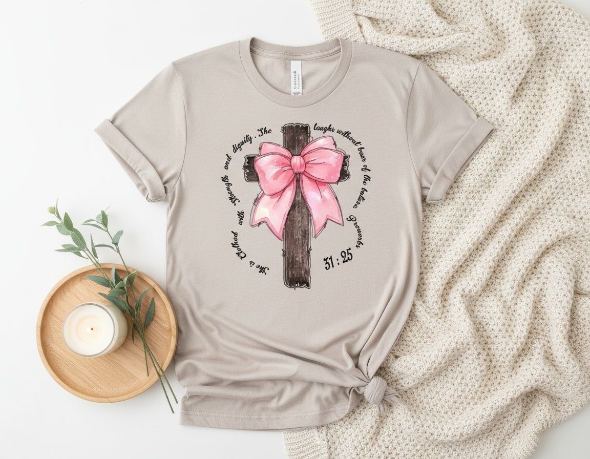 Proverbs 31:25 Cross with Pink Bow Christian Graphic Tee