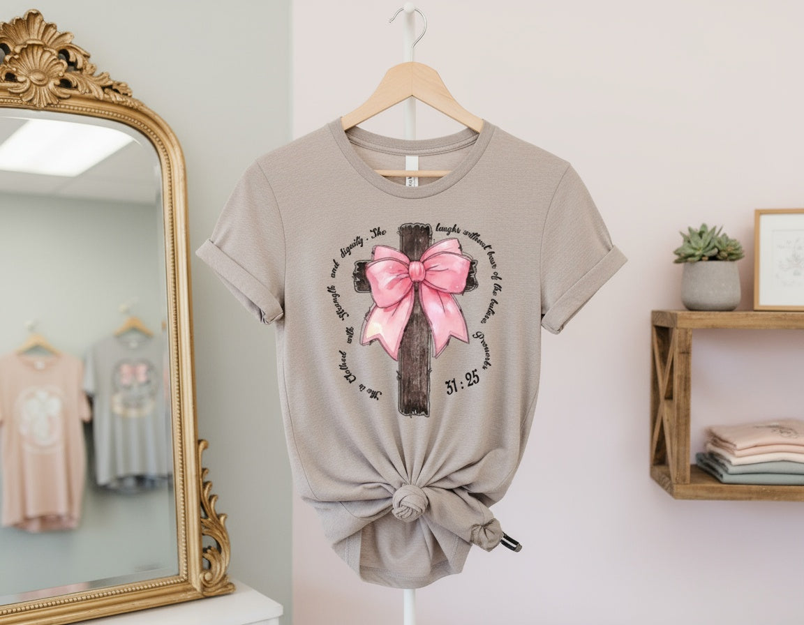 Proverbs 31:25 Cross with Pink Bow Christian Graphic Tee