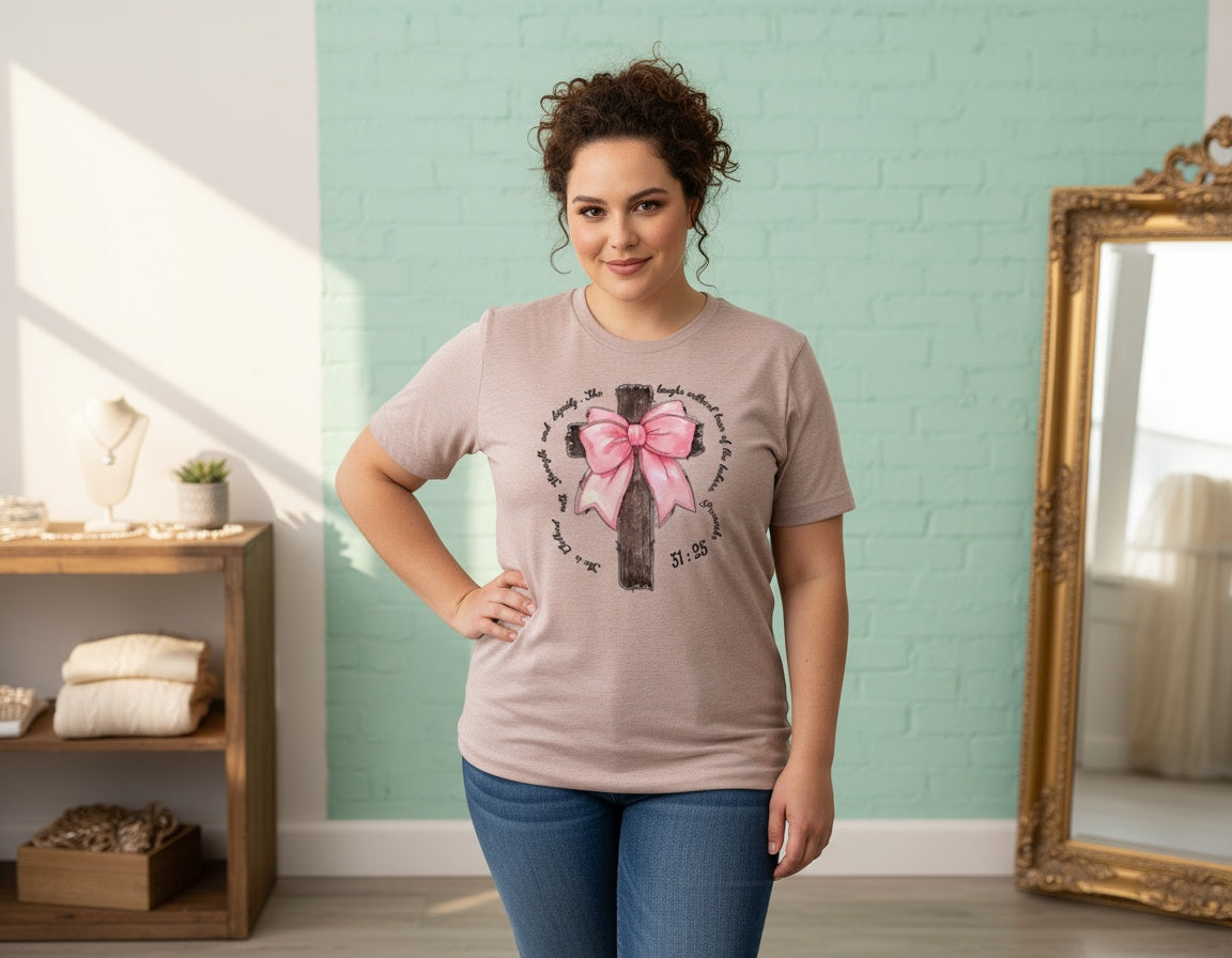 Proverbs 31:25 Cross with Pink Bow Christian Graphic Tee