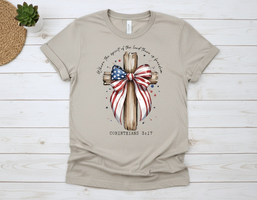Corinthians 3:17 Patriotic Cross with American Flag Bow Tee