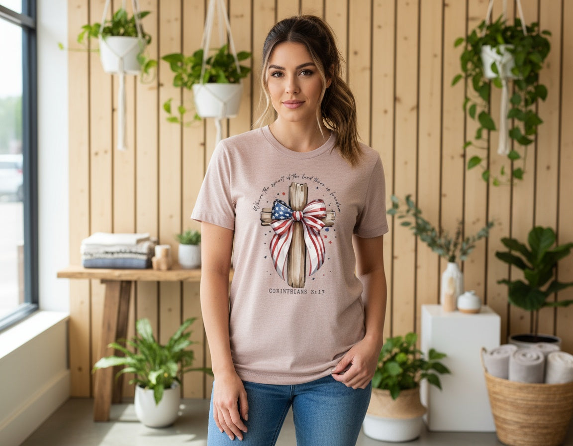 Corinthians 3:17 Patriotic Cross with American Flag Bow Tee