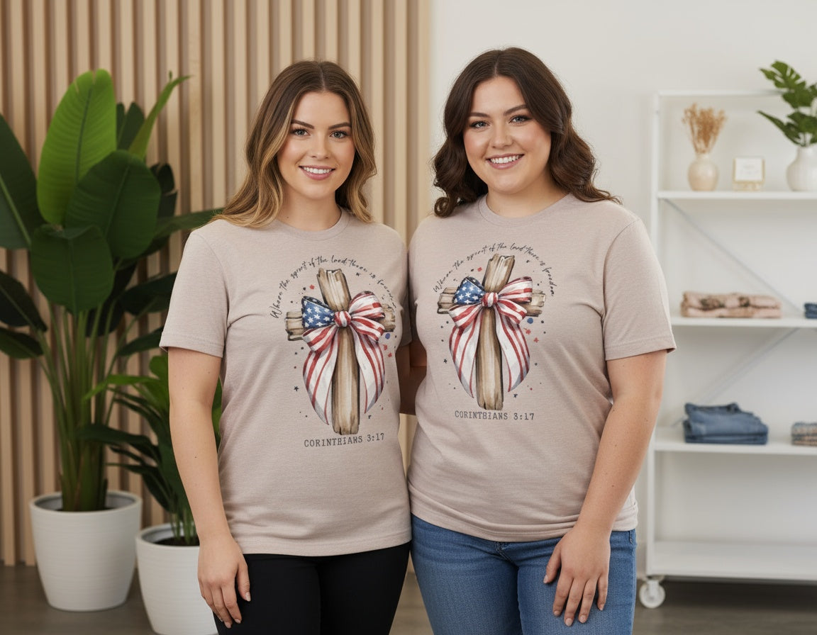 Corinthians 3:17 Patriotic Cross with American Flag Bow Tee