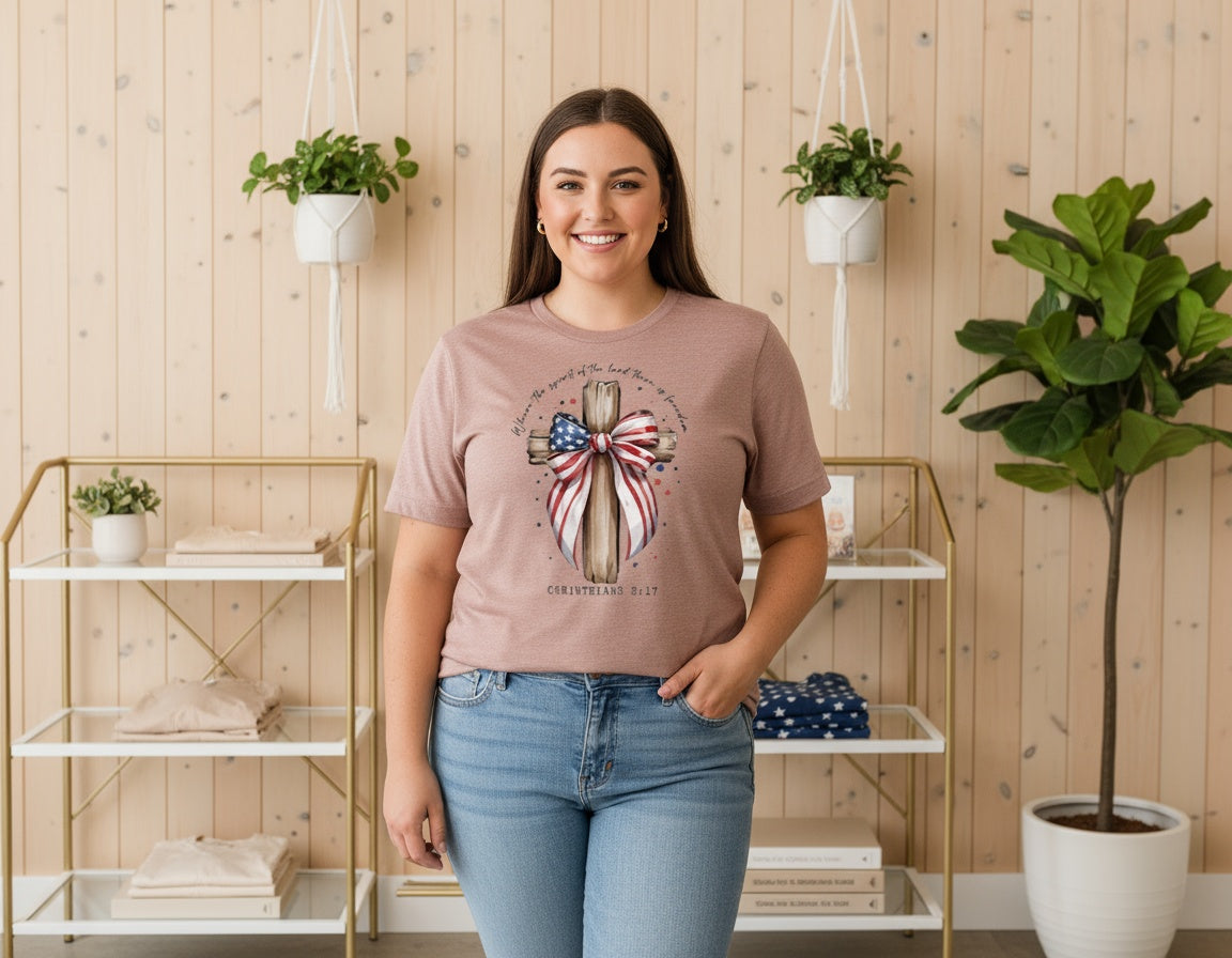 Corinthians 3:17 Patriotic Cross with American Flag Bow Tee