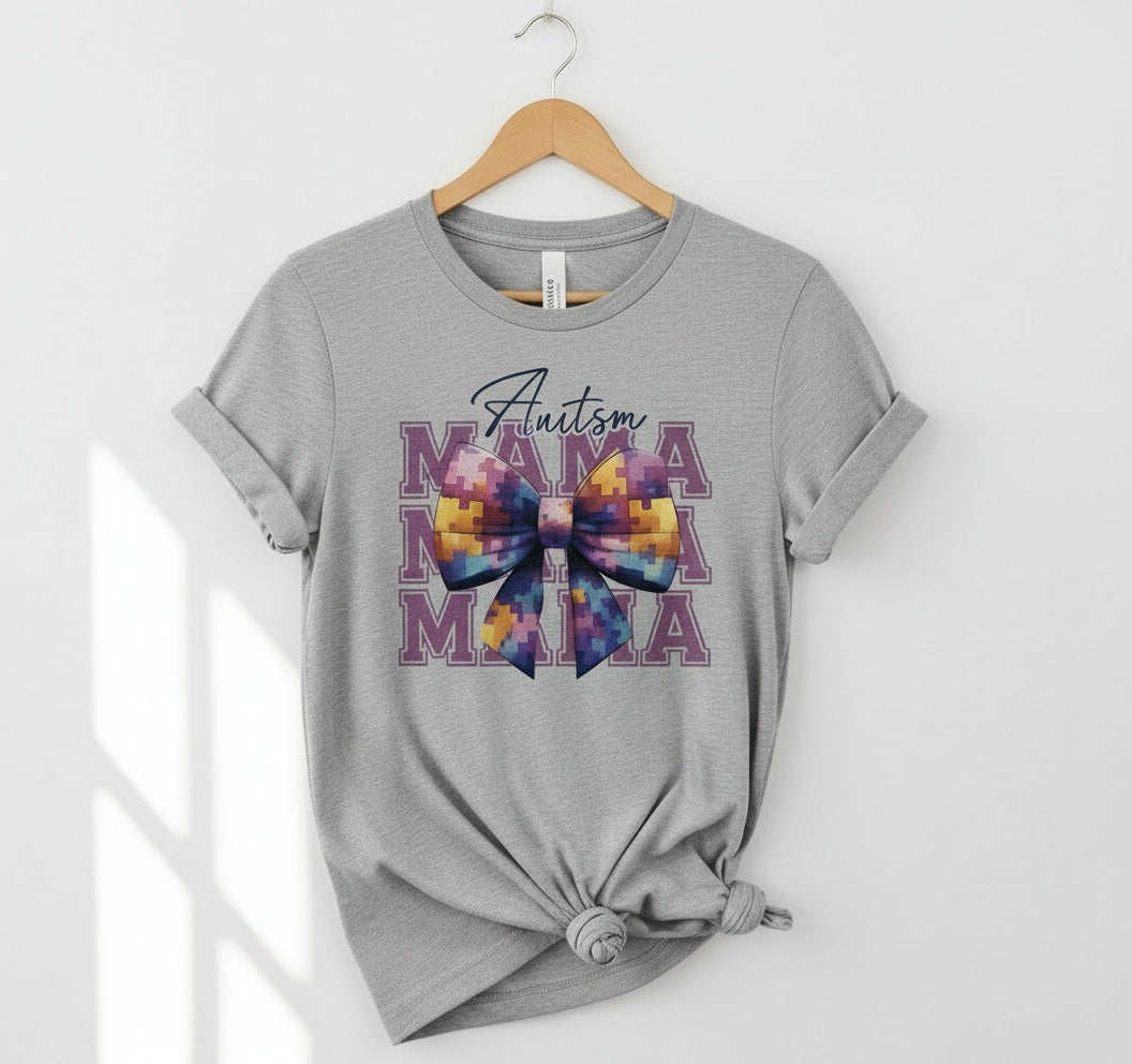 Autism Mama T-Shirt with Colorful Puzzle Piece Bow – Support Autism Awareness Tee