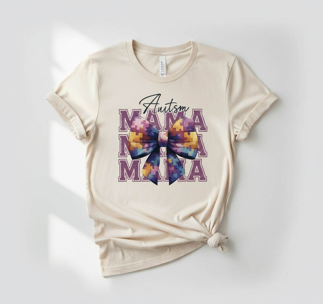 Autism Mama T-Shirt with Colorful Puzzle Piece Bow – Support Autism Awareness Tee