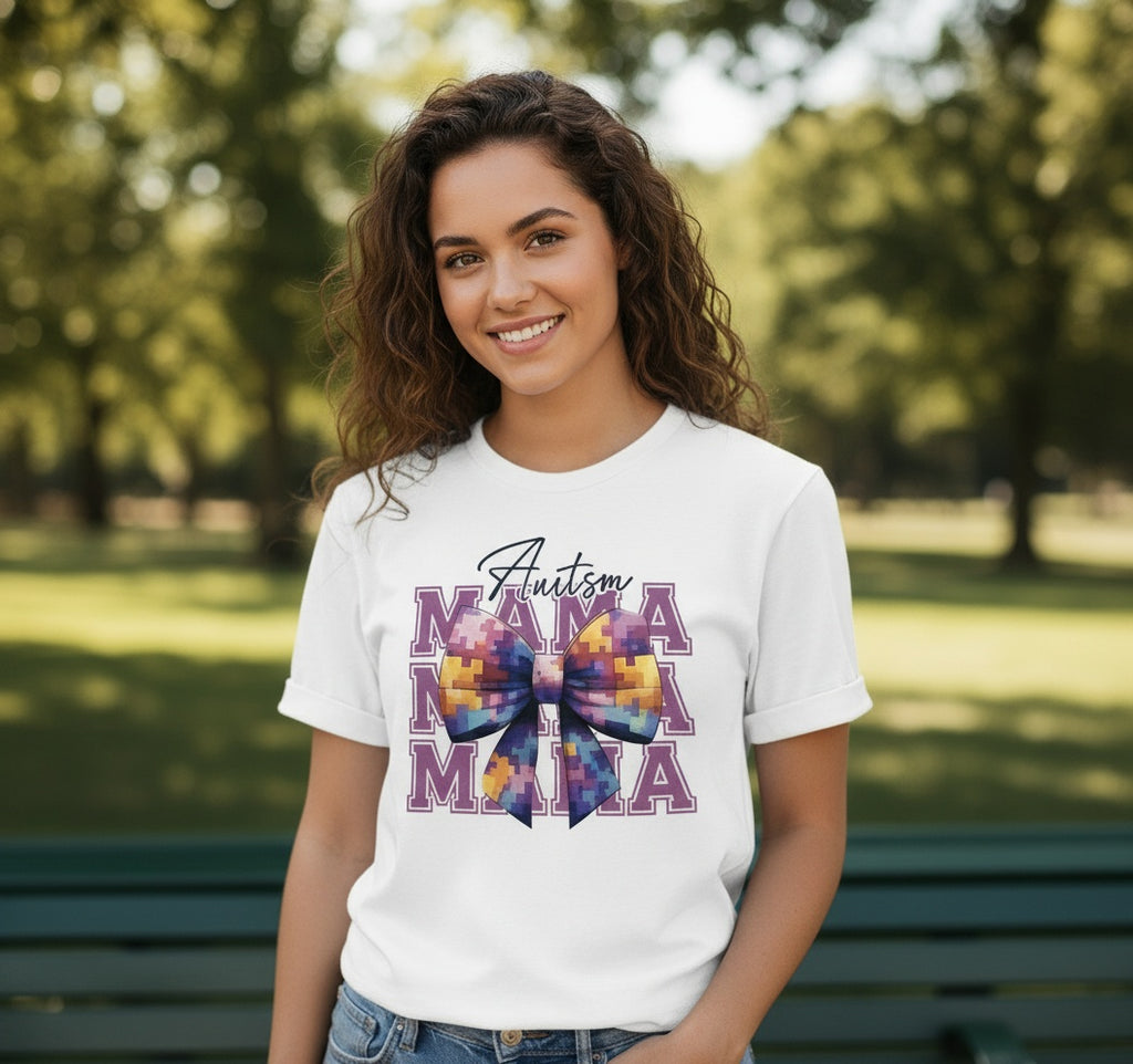 Autism Mama T-Shirt with Colorful Puzzle Piece Bow – Support Autism Awareness Tee