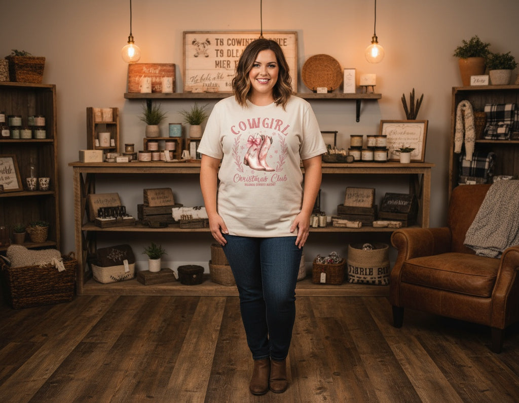 Cowgirl Christmas Club T-Shirt – Festive Western Boots Holiday Tee