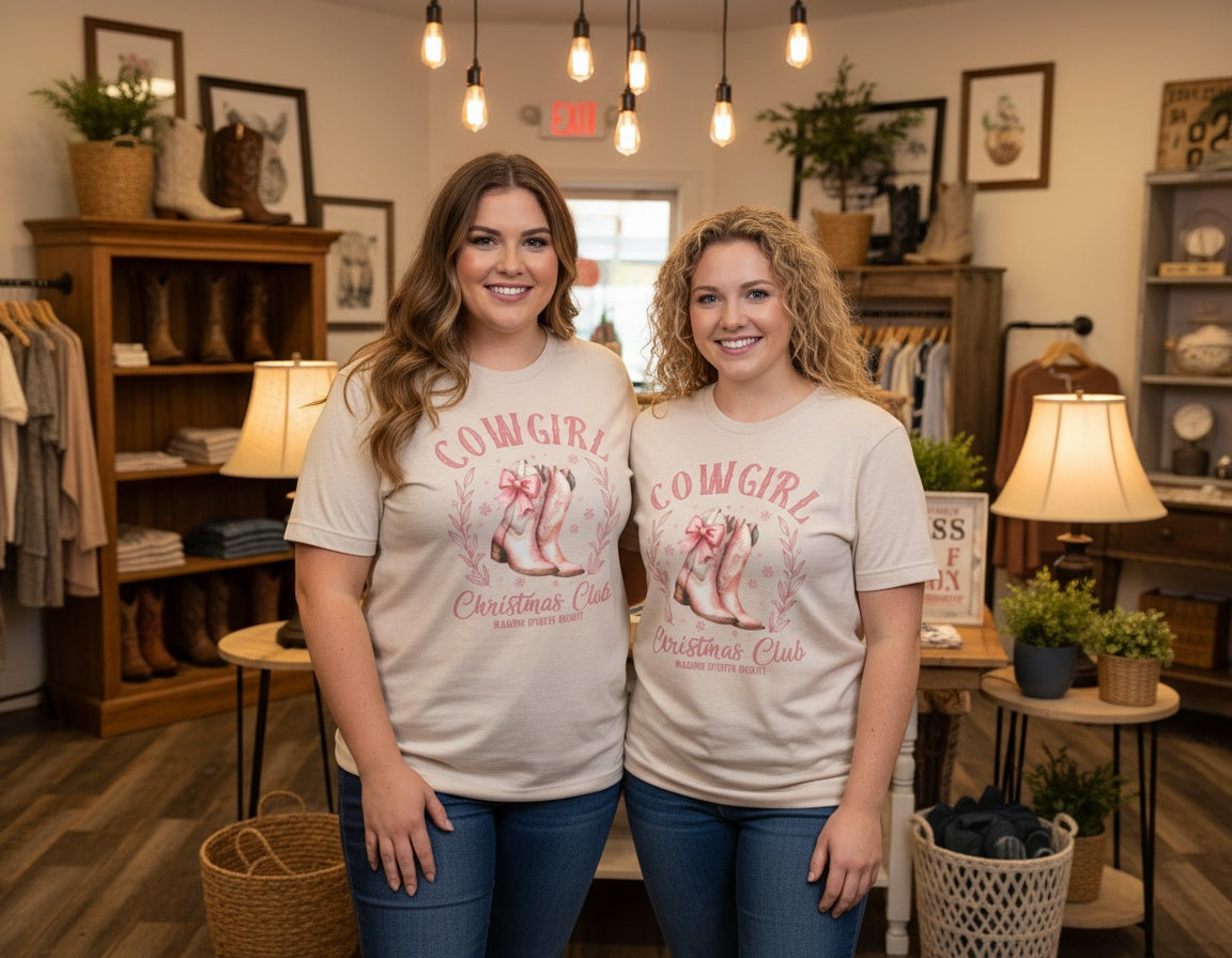 Cowgirl Christmas Club T-Shirt – Festive Western Boots Holiday Tee