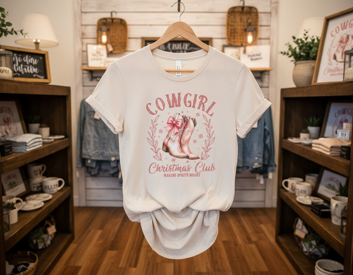Cowgirl Christmas Club T-Shirt – Festive Western Boots Holiday Tee