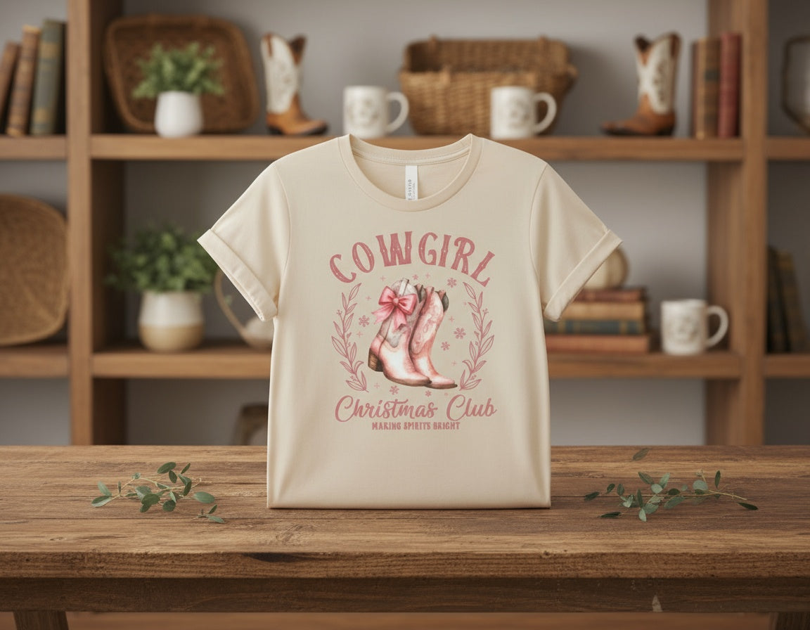 Cowgirl Christmas Club T-Shirt – Festive Western Boots Holiday Tee