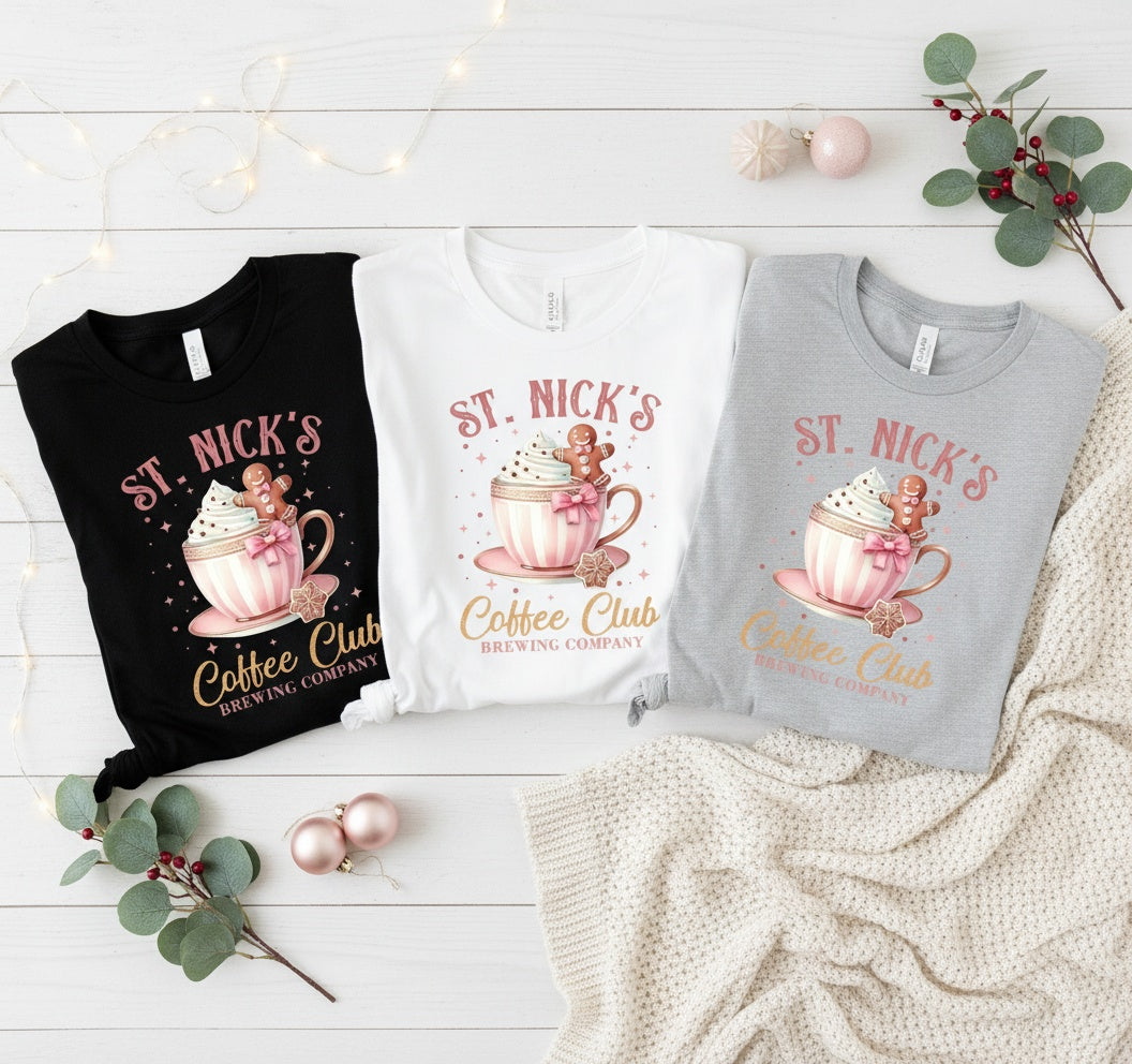 St Nicks Coffee Club T-Shirt – Cozy Holiday Coffee Lover’s Tee