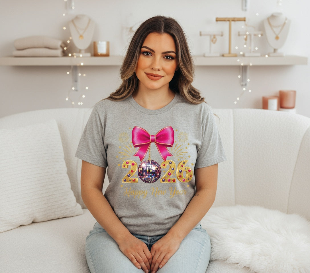 2026 Happy New Year T-Shirt – Festive Disco Ball & Bow Celebration Tee