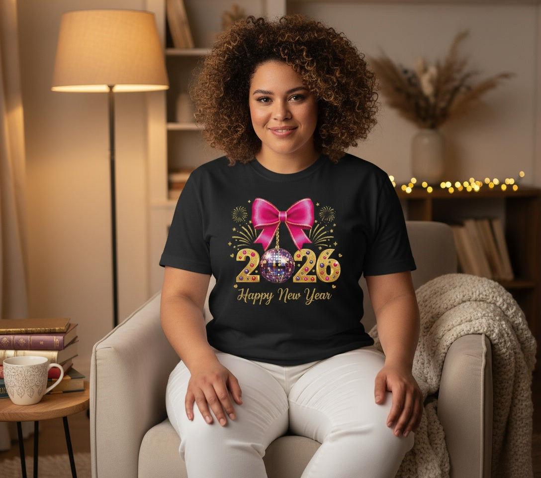2026 Happy New Year T-Shirt – Festive Disco Ball & Bow Celebration Tee