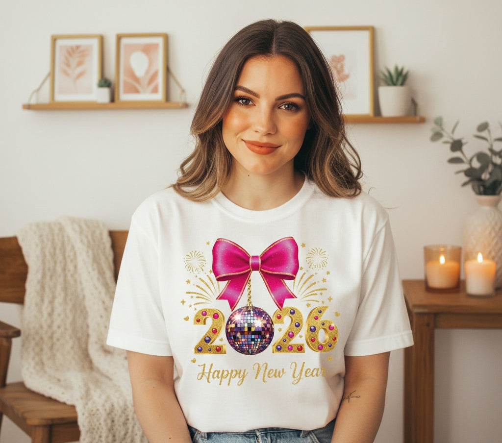 2026 Happy New Year T-Shirt – Festive Disco Ball & Bow Celebration Tee
