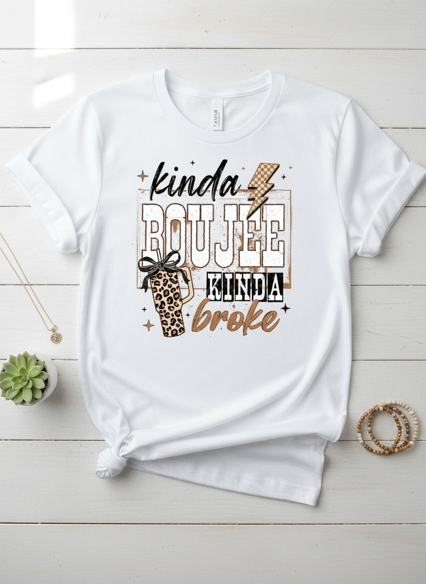 Kinda Boujee Kinda Broke T-Shirt - Funny Leopard Print Graphic Tee