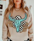 Turquoise Steer Skull & Western Checkered Graphic Fleece