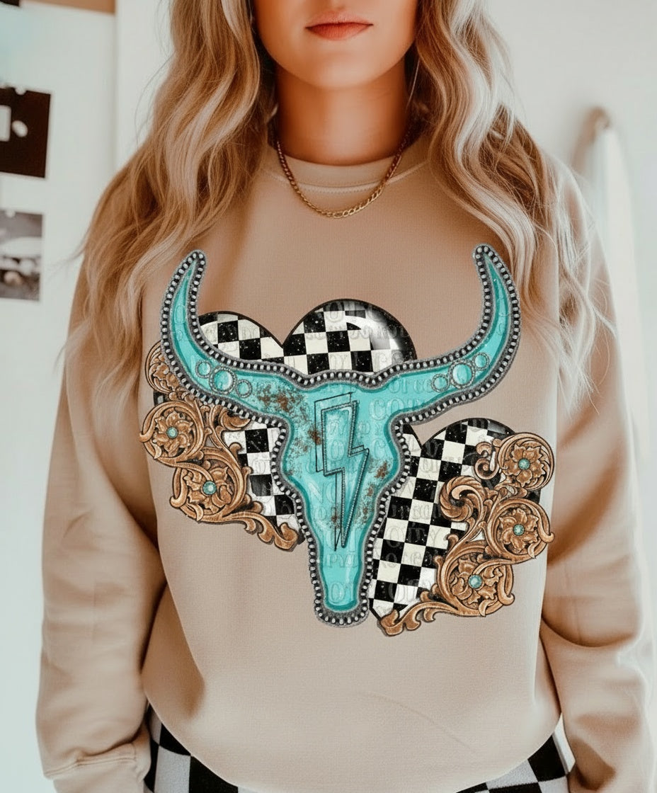 Turquoise Steer Skull & Western Checkered Graphic Fleece