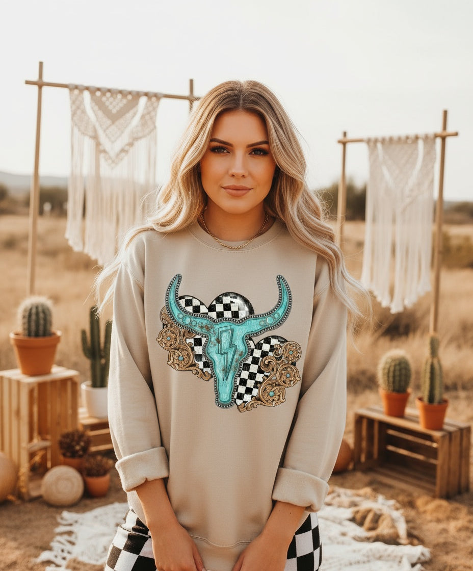 Turquoise Steer Skull & Western Checkered Graphic Fleece