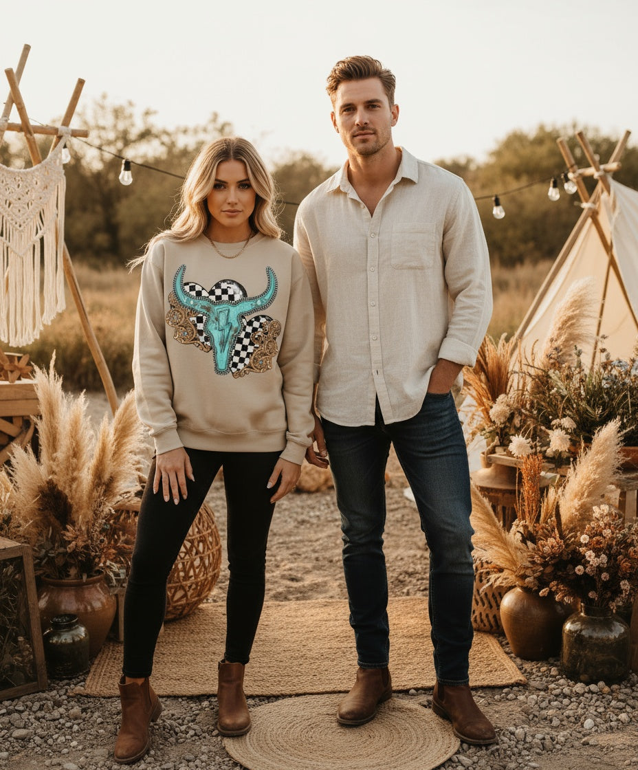 Turquoise Steer Skull & Western Checkered Graphic Fleece