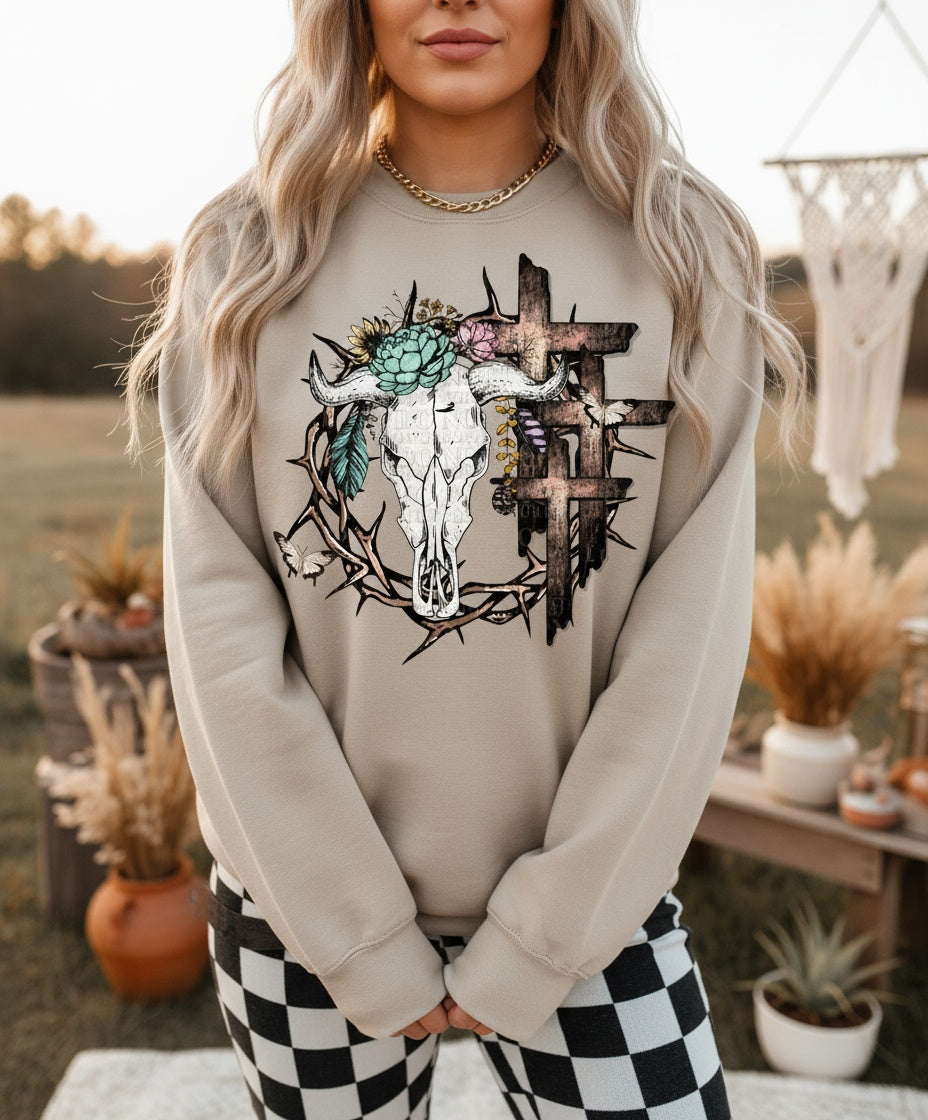 Desert Skull & Crosses Graphic Cozy Top with Floral Accents