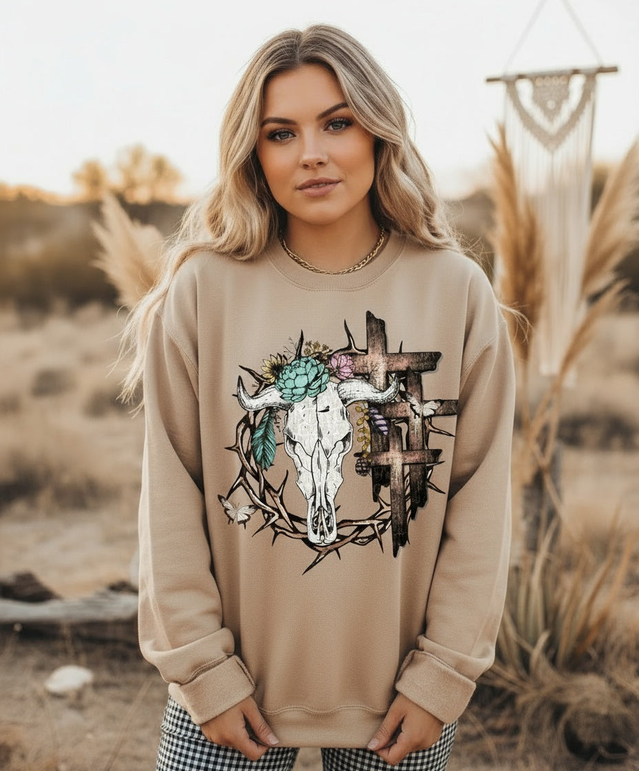 Desert Skull & Crosses Graphic Cozy Top with Floral Accents