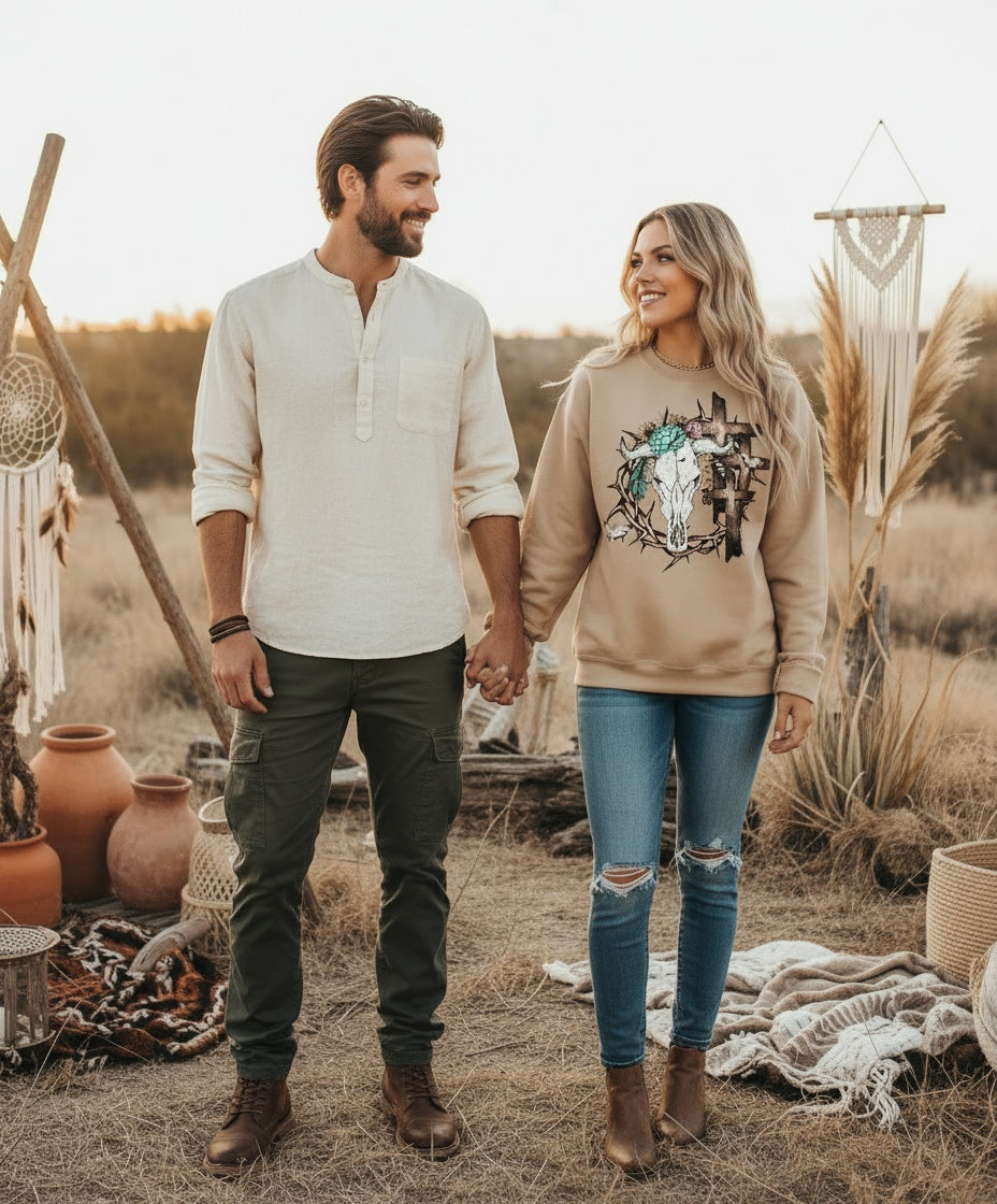 Desert Skull & Crosses Graphic Cozy Top with Floral Accents