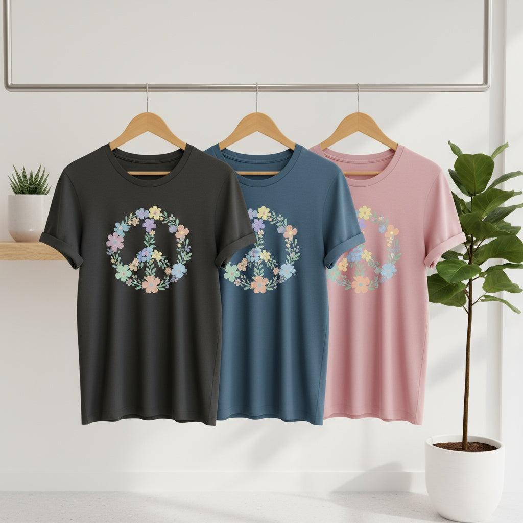 Floral Peace Sign T-Shirt – Soft Pastel Design on Premium Cotton Tee