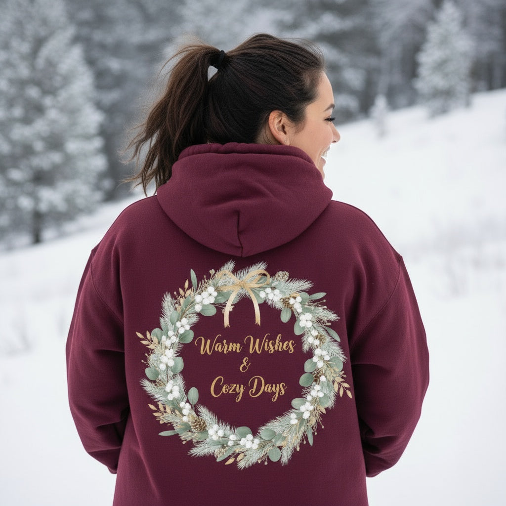 Maroon Holiday Hoodie with Warm Wishes & Cozy Days Wreath Design