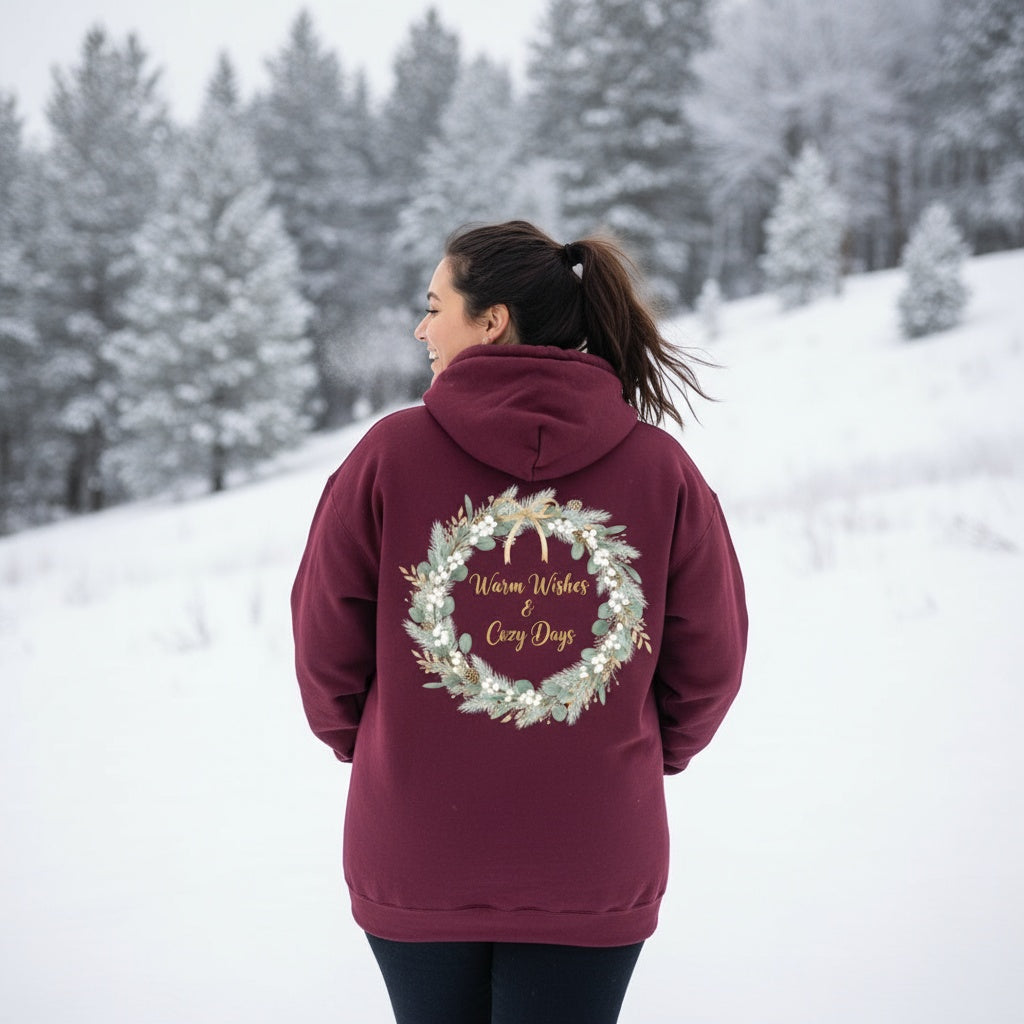 Maroon Holiday Hoodie with Warm Wishes & Cozy Days Wreath Design