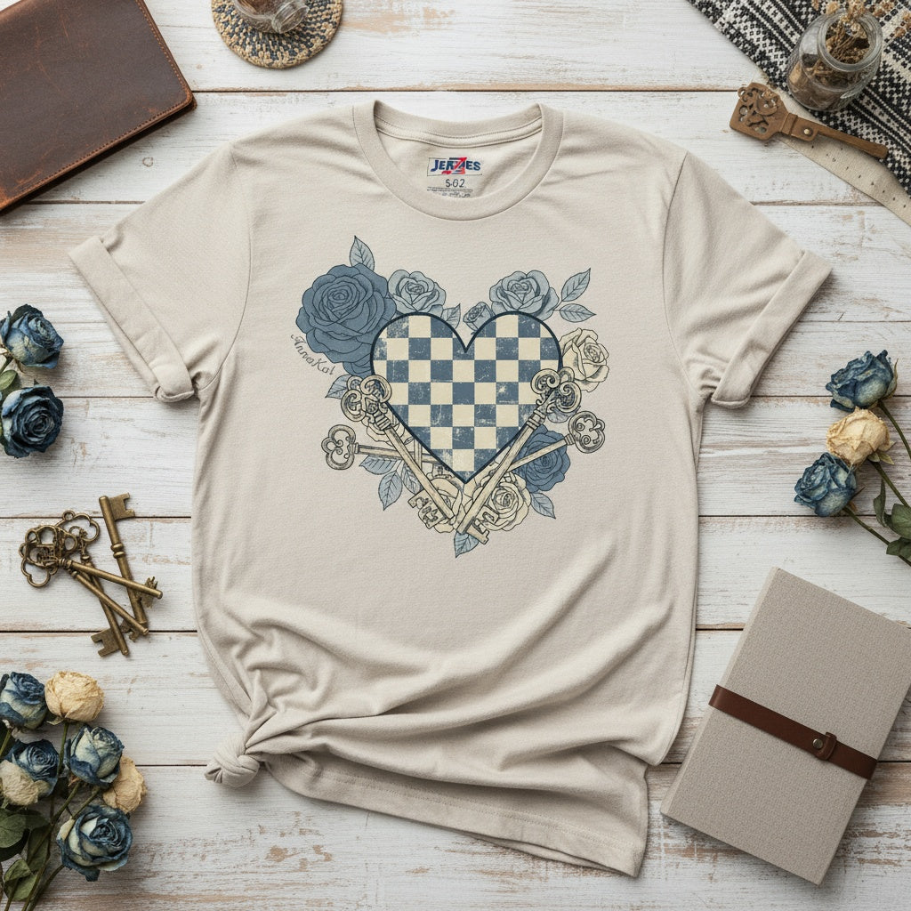 Vintage Heart & Keys Shirt – Artistic Floral Chessboard Tee | Exclusively by AnnaKat