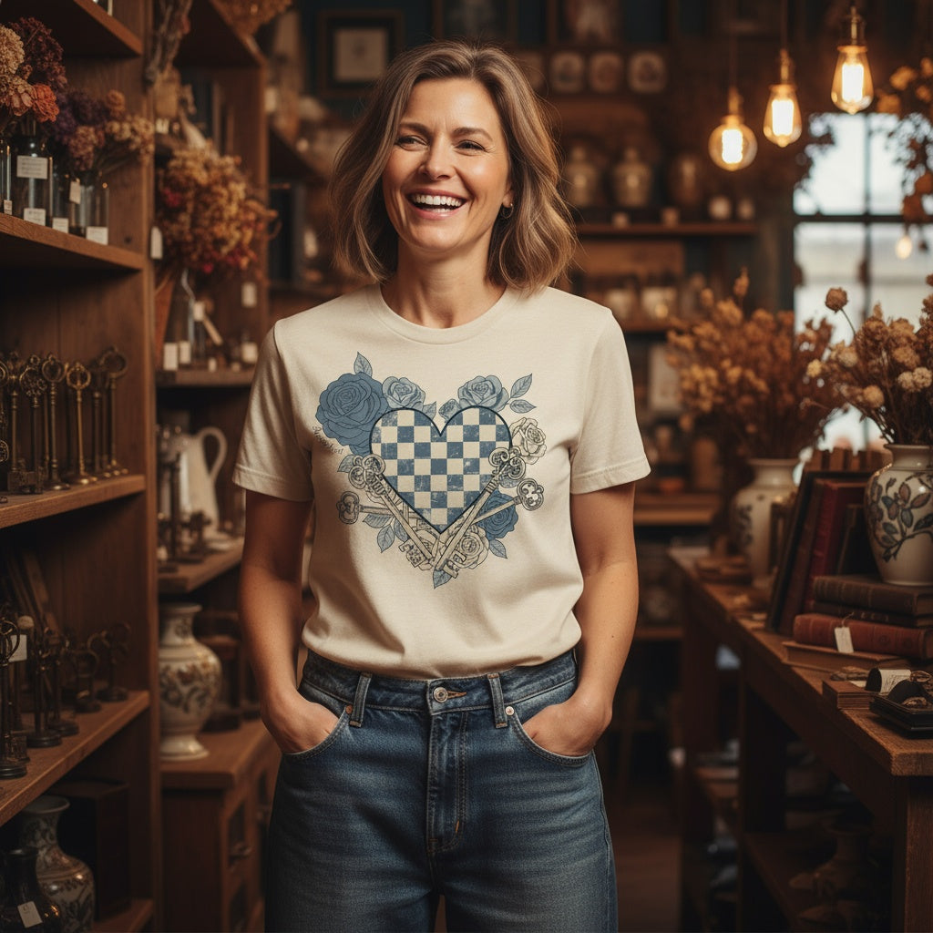 Vintage Heart & Keys Shirt – Artistic Floral Chessboard Tee | Exclusively by AnnaKat