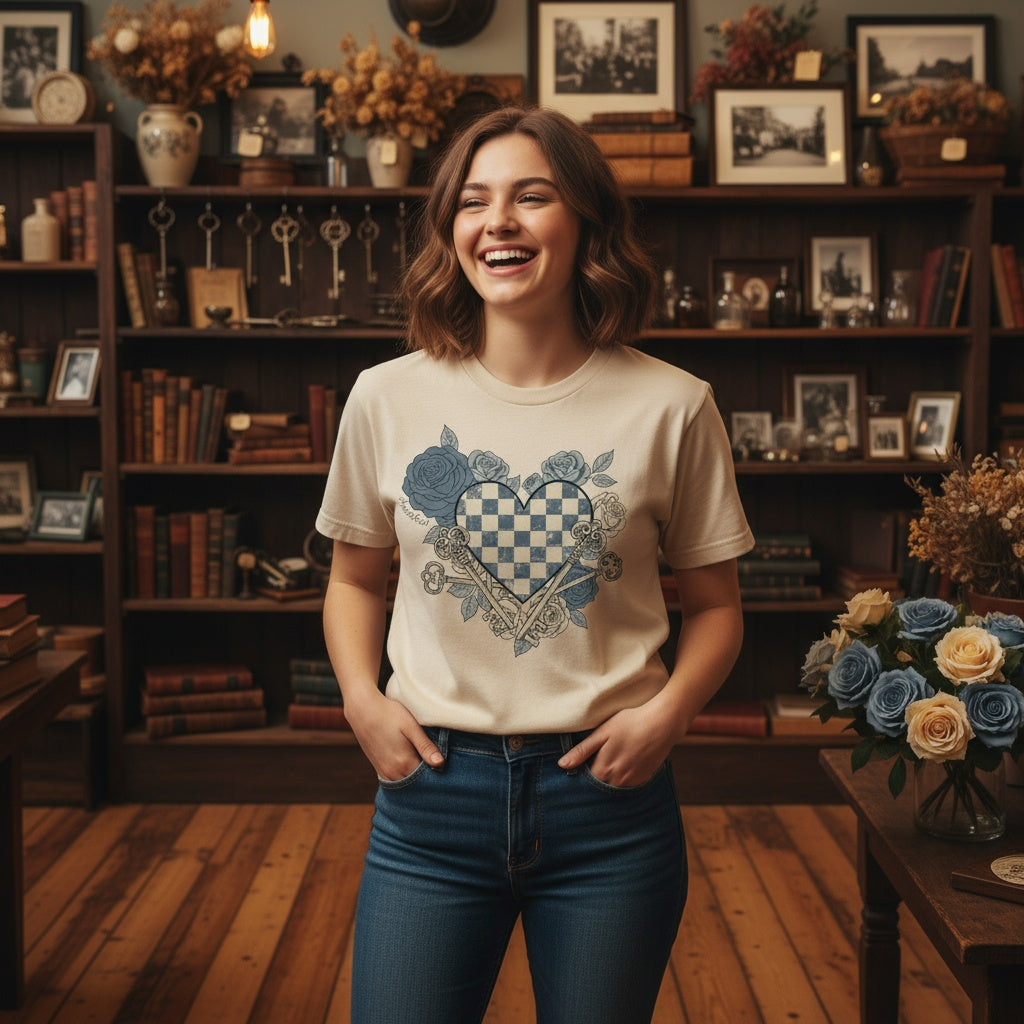 Vintage Heart & Keys Shirt – Artistic Floral Chessboard Tee | Exclusively by AnnaKat