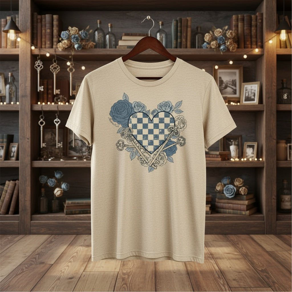 Vintage Heart & Keys Shirt – Artistic Floral Chessboard Tee | Exclusively by AnnaKat