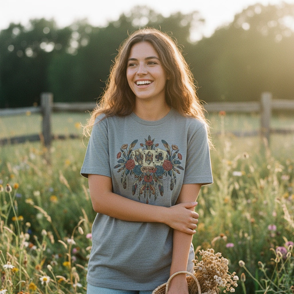AnnaKat Designs Gray Boho Playing Cards & Florals Graphic Tee