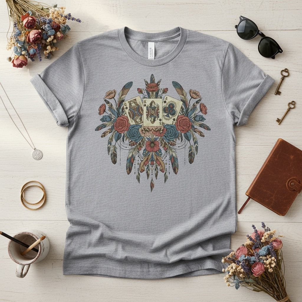 AnnaKat Designs Gray Boho Playing Cards & Florals Graphic Tee