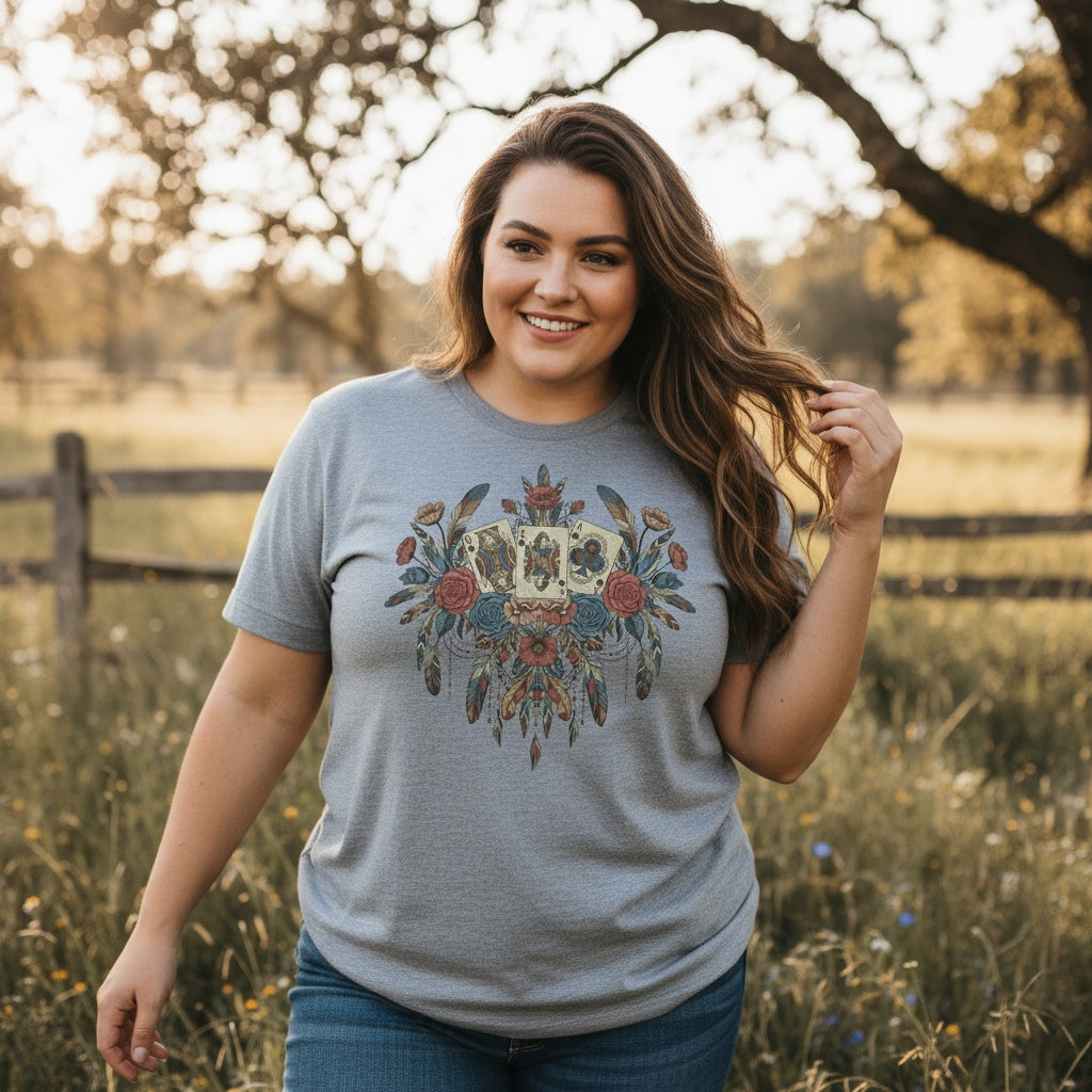 AnnaKat Designs Gray Boho Playing Cards & Florals Graphic Tee