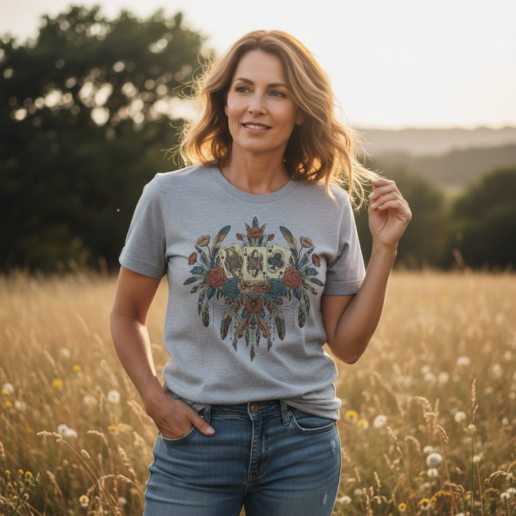 AnnaKat Designs Gray Boho Playing Cards & Florals Graphic Tee