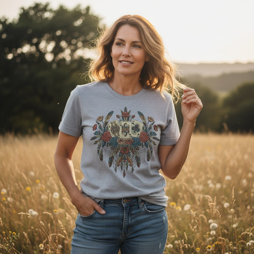 AnnaKat Designs Gray Boho Playing Cards & Florals Graphic Tee