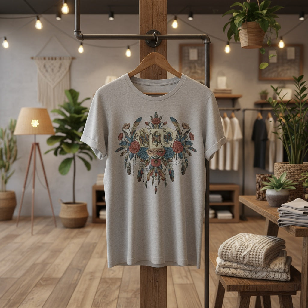 AnnaKat Designs Gray Boho Playing Cards & Florals Graphic Tee