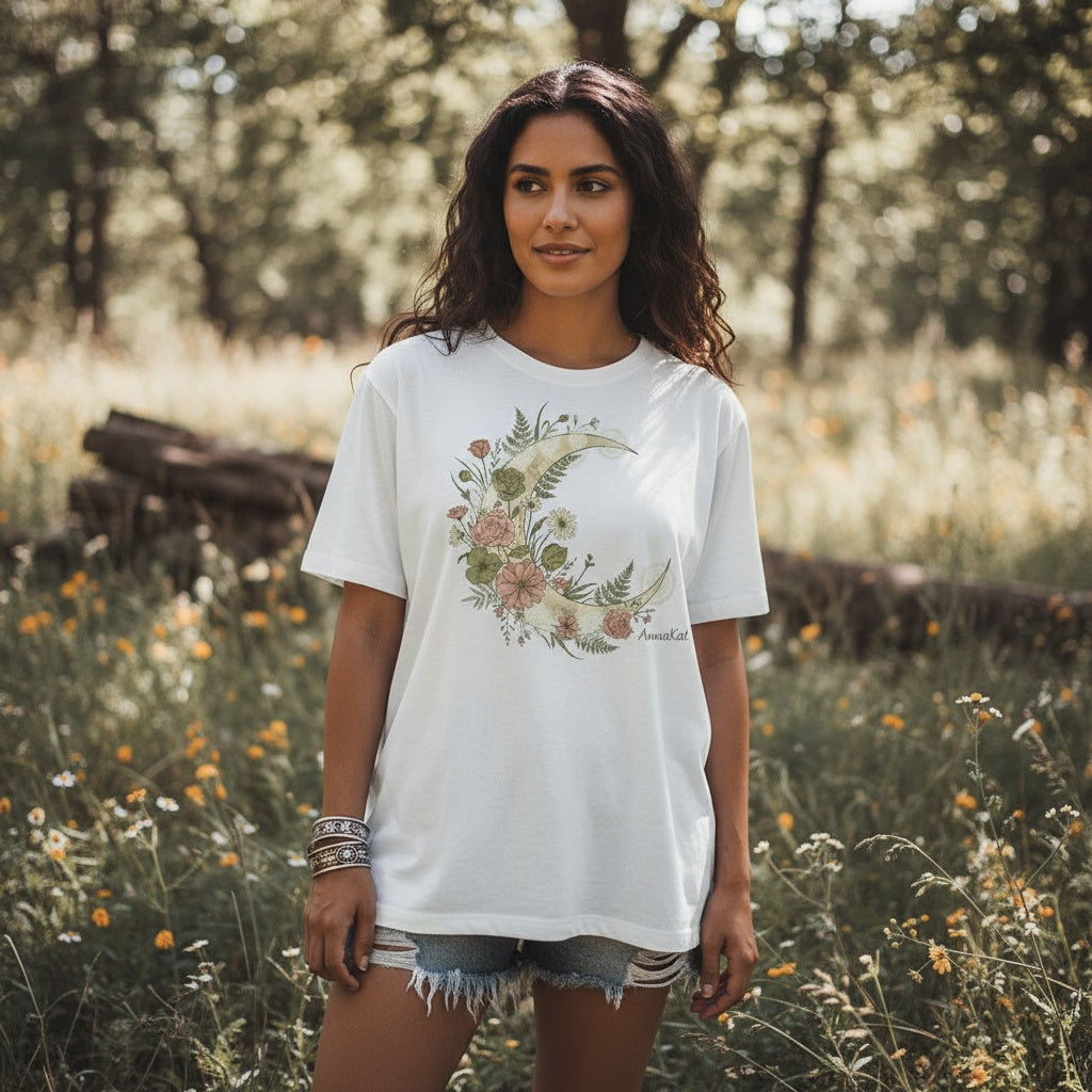 Exclusively by AnnaKat | White Floral Crescent Moon Graphic Tee