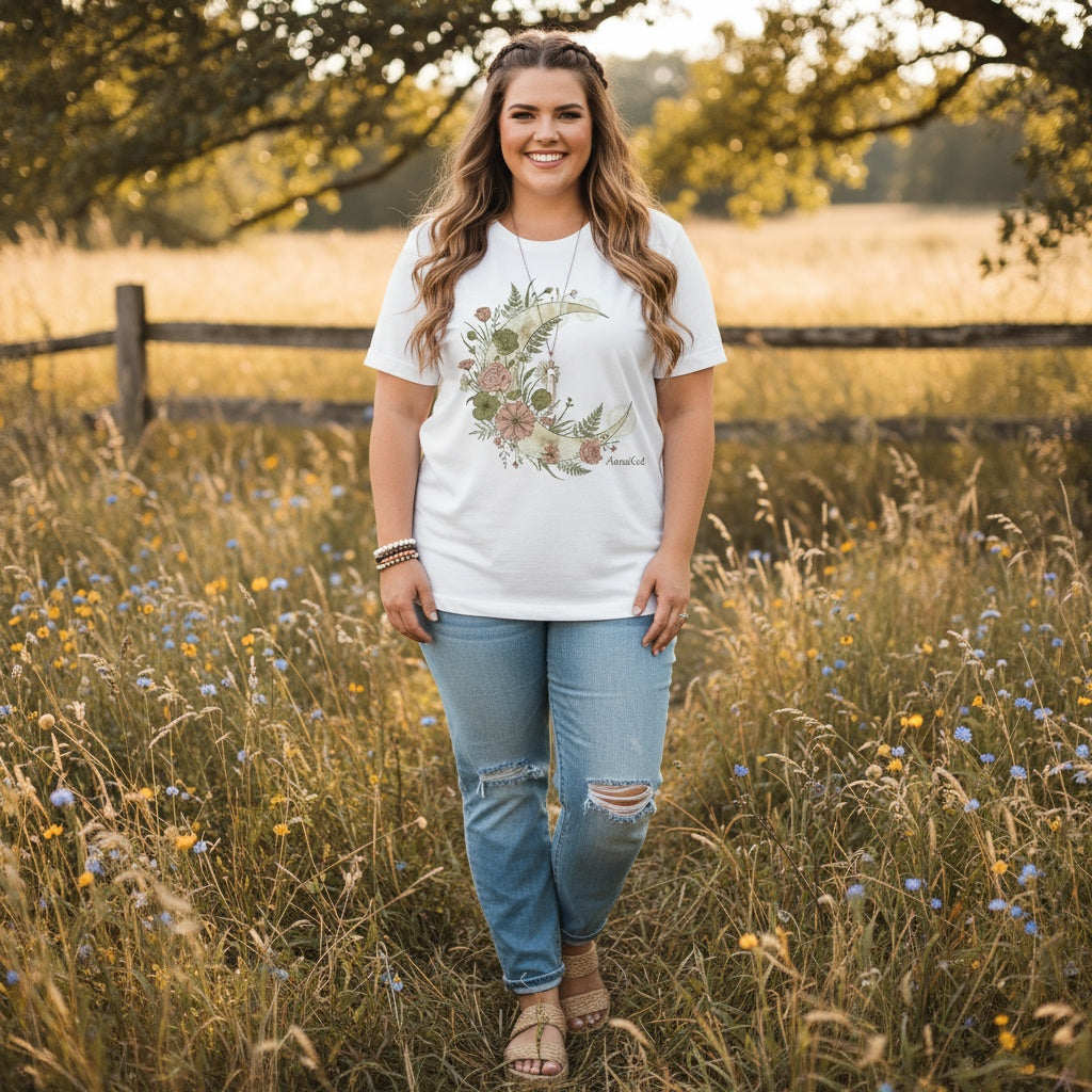 Exclusively by AnnaKat | White Floral Crescent Moon Graphic Tee